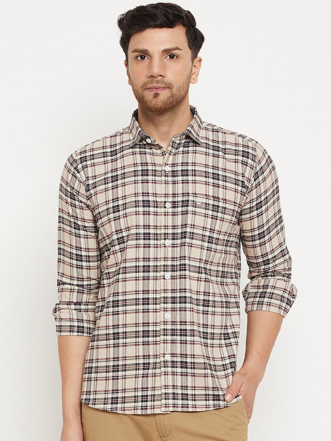 

Duke Tartan Checked Slim Fit Cotton Casual Shirt, Beige