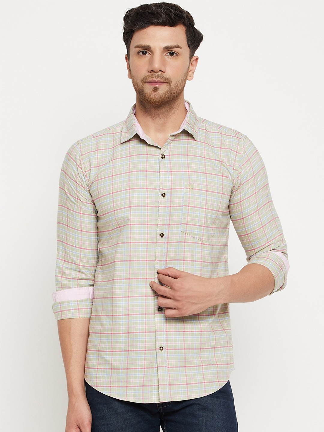 

Duke Slim Fit Grid Tattersall Checked Cotton Casual Shirt, Green