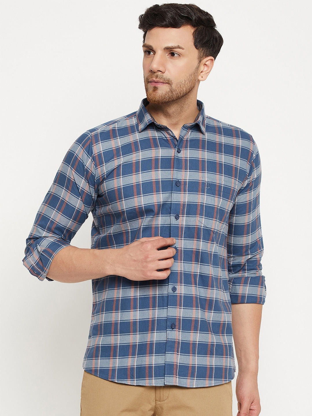 

Duke Slim Fit Grid Tattersall Checked Cotton Casual Shirt, Blue