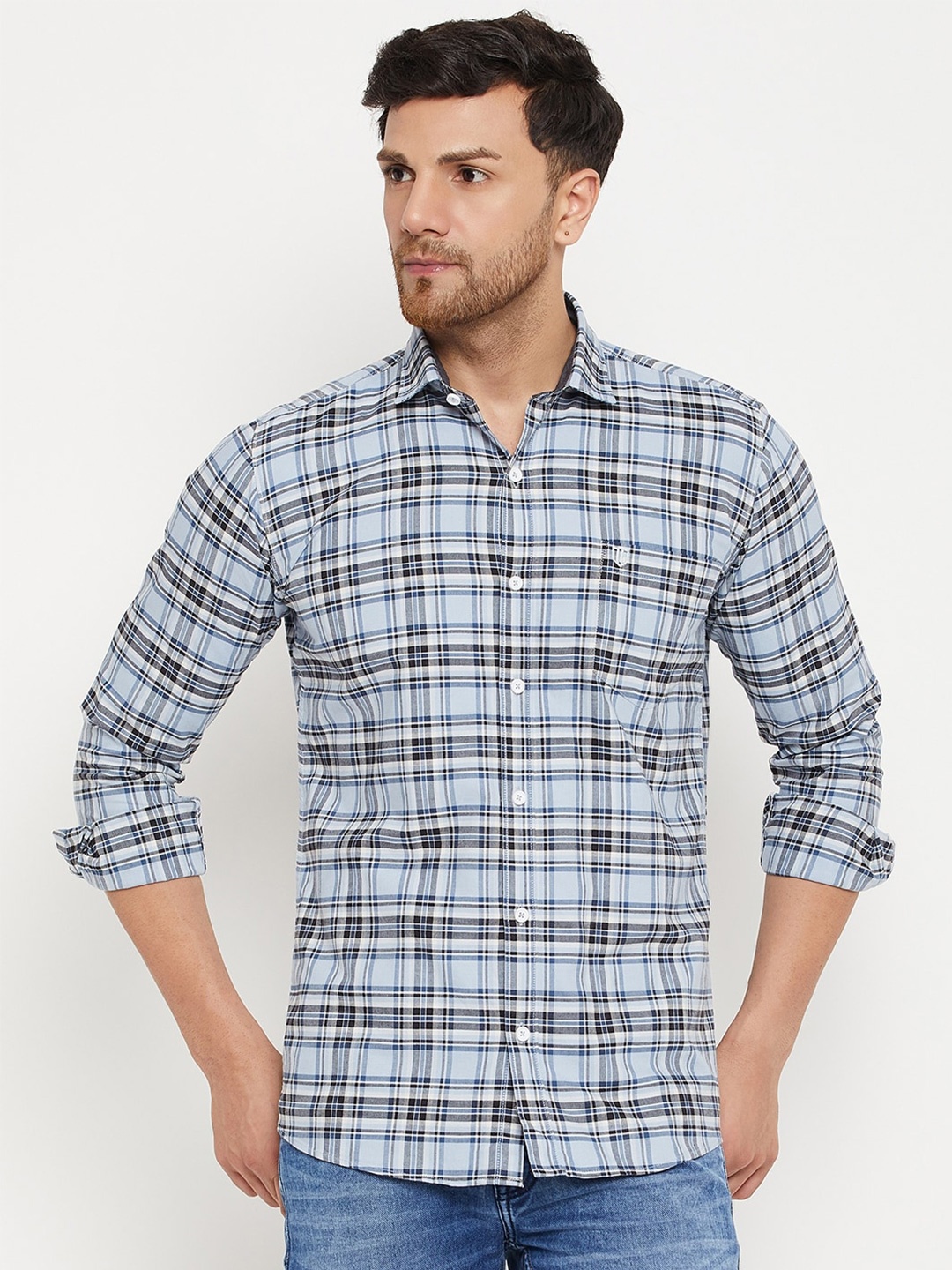 

Duke Spread Collar Slim Fit Checked Casual Cotton Shirt, Blue