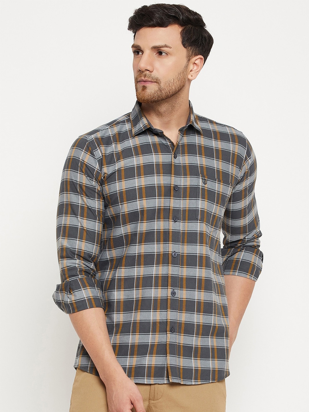 

Duke Slim Fit Tartan Checked Cotton Casual Shirt, Grey