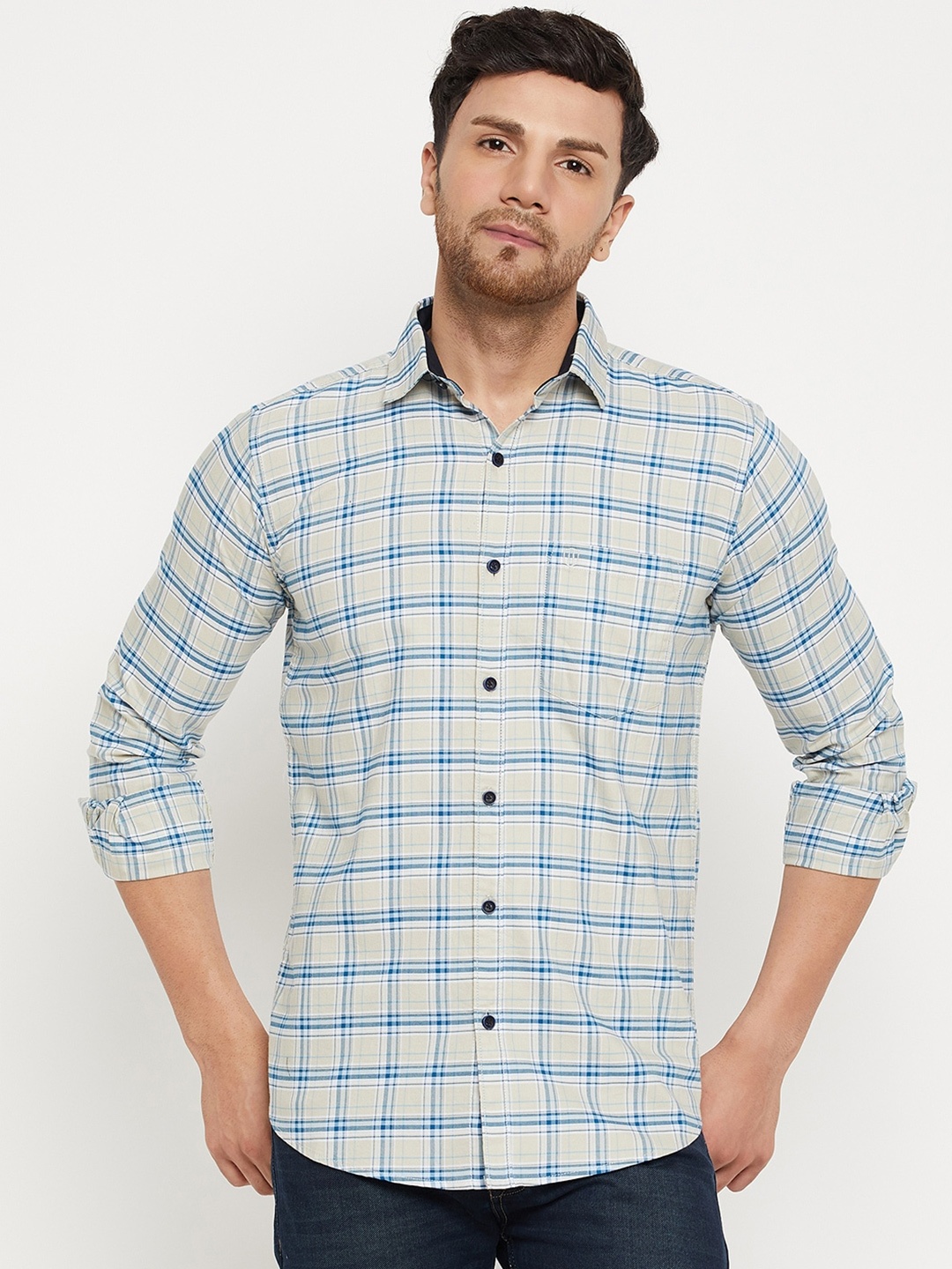 

Duke Spread Collar Slim Fit Checked Casual Cotton Shirt, Beige