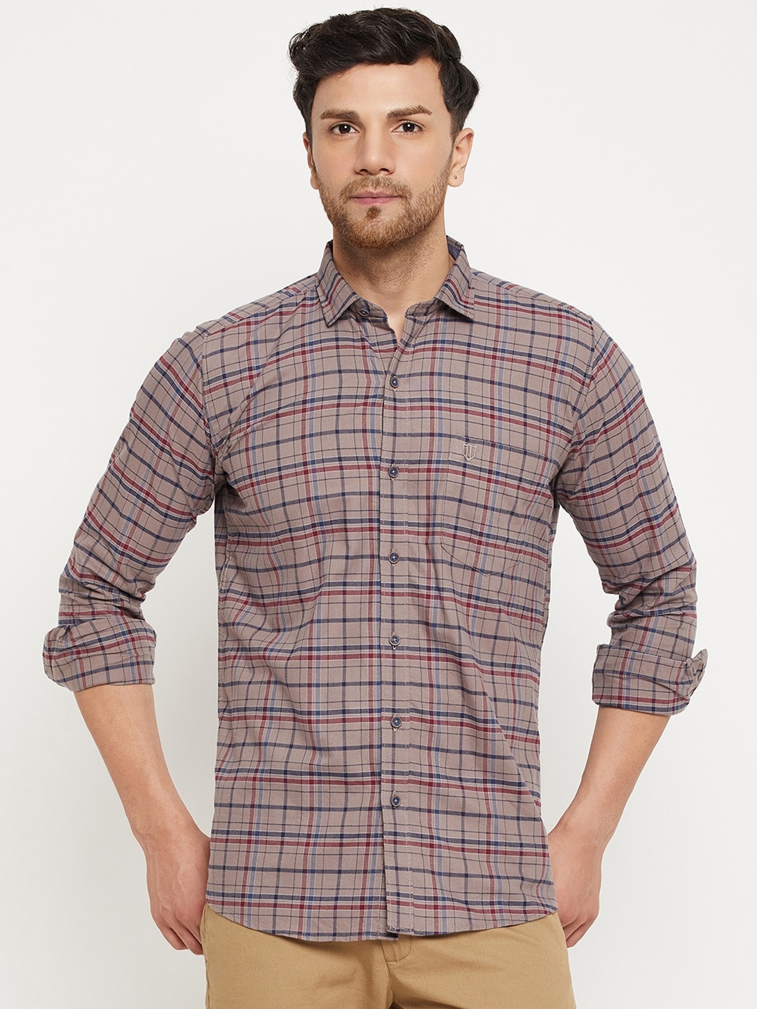 

Duke Slim Fit Tartan Checked Spread Collar Cotton Casual Shirt, Brown