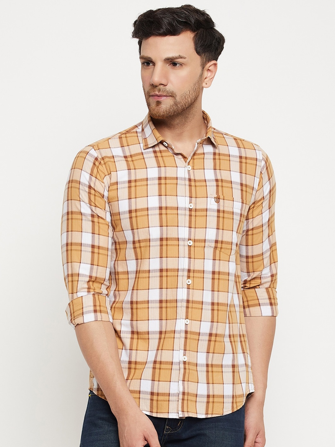 

Duke Spread Collar Slim Fit Tartan Checked Casual Cotton Shirt, Yellow