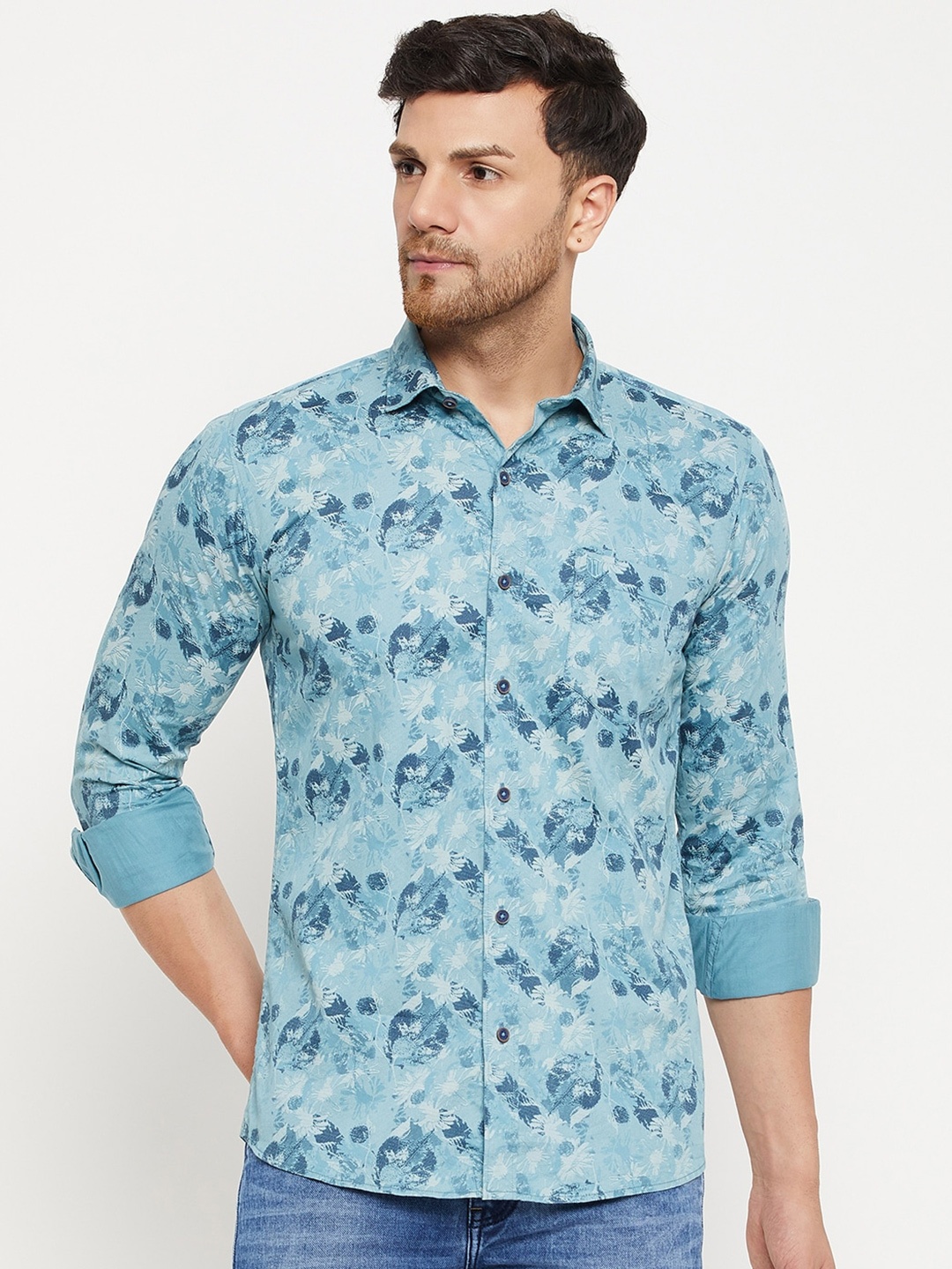 

Duke Slim Fit Abstract Printed Casual Pure Cotton Shirt, Blue