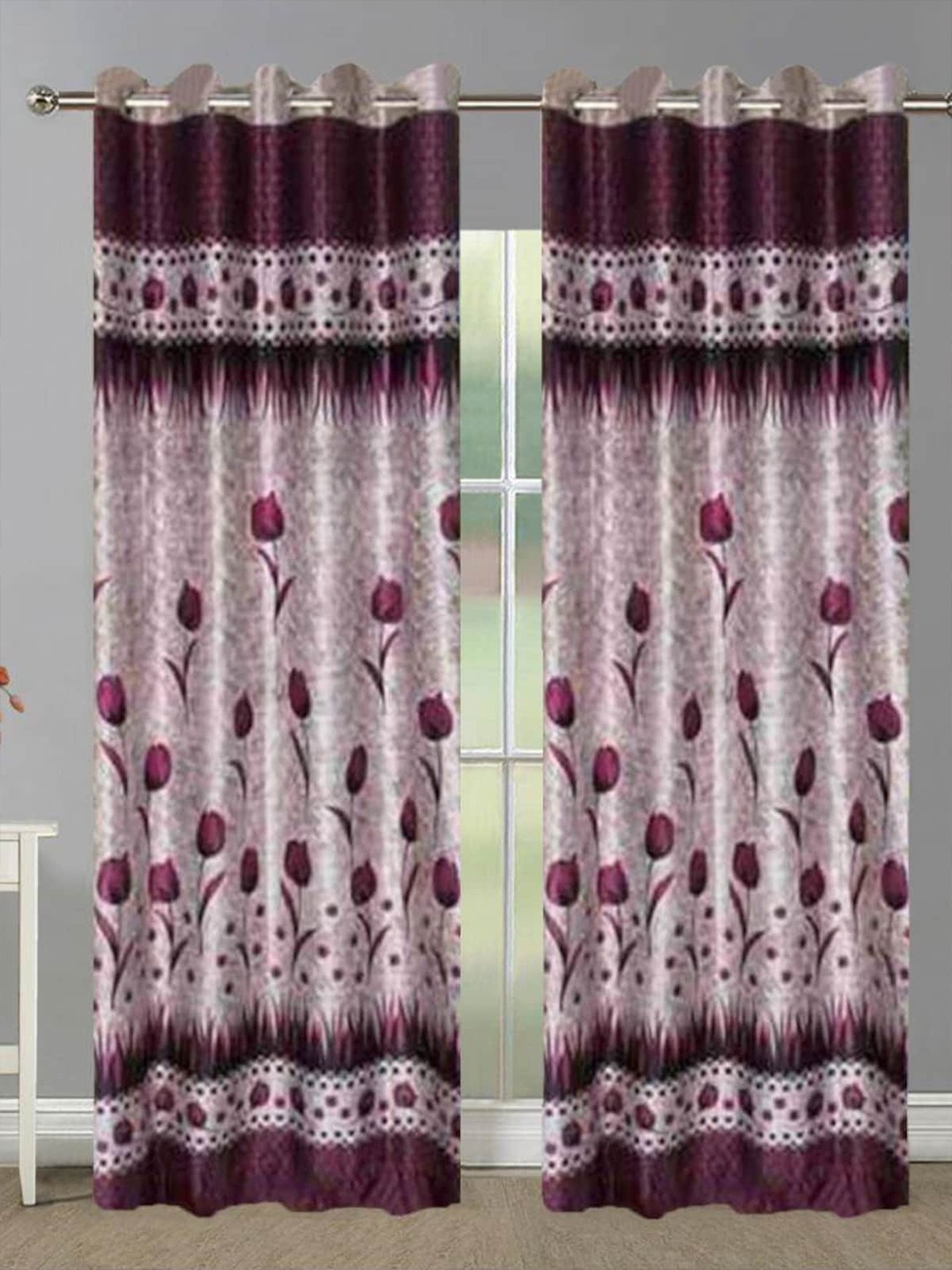 

HOMETALES Purple & White 2 Pieces Floral Long Door Curtains
