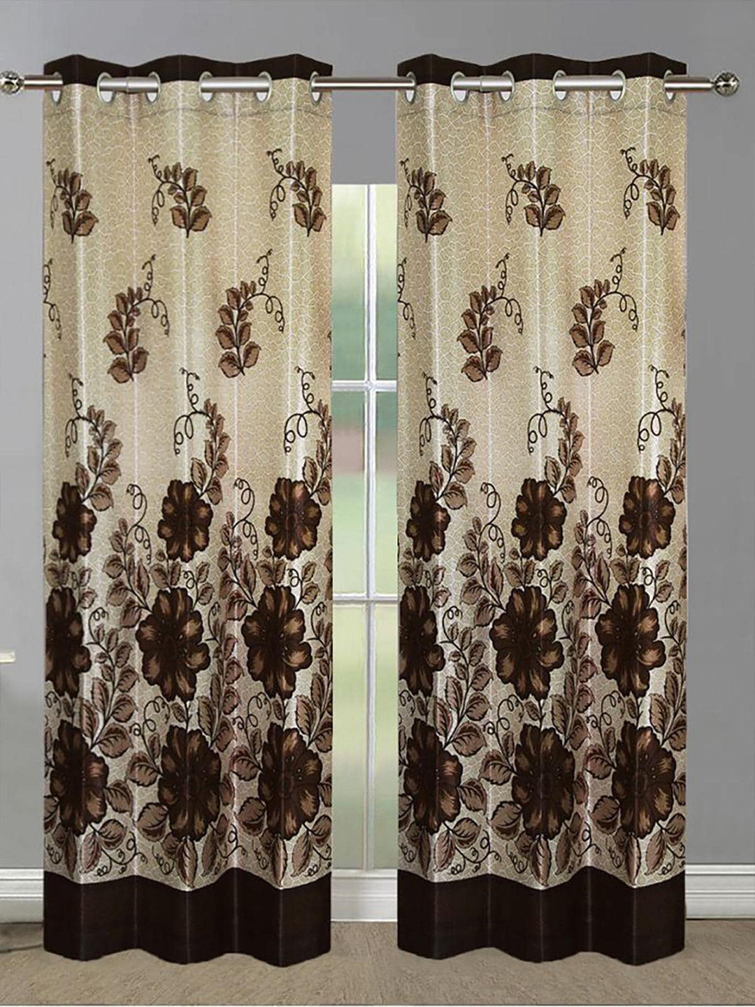 

HOMETALES Brown & Cream-Coloured 2 Pieces Floral Door Curtains