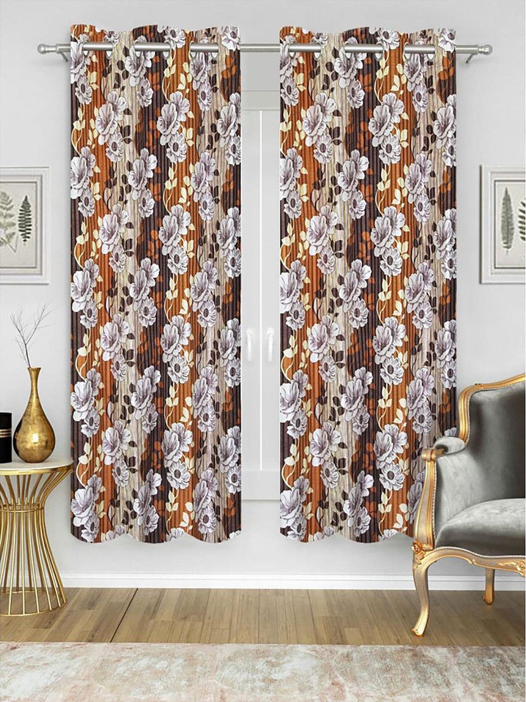 HOMETALES Brown & White 2 Pieces Floral Door Curtains
