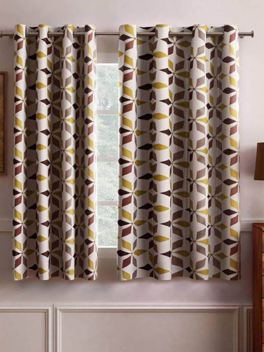 

HOMETALES Brown & White 2 Pieces Geometric Window Curtains