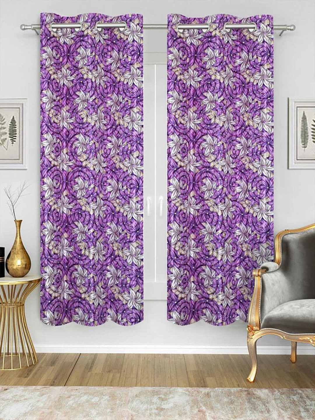 

HOMETALES Purple & White 2 Pieces Floral Window Curtains