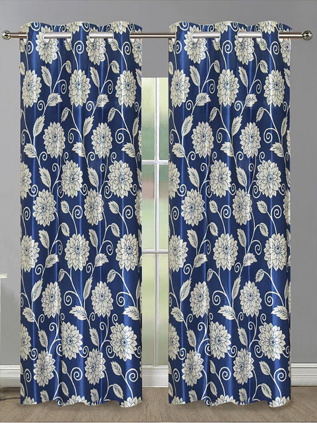 

HOMETALES Blue & White 2 Pieces Floral Door Curtains