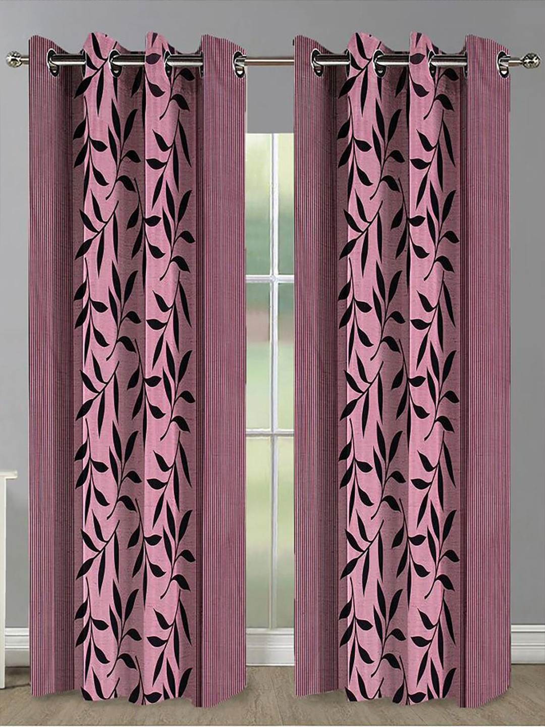 

HOMETALES Pink & Black 2 Pieces Floral Door Curtains