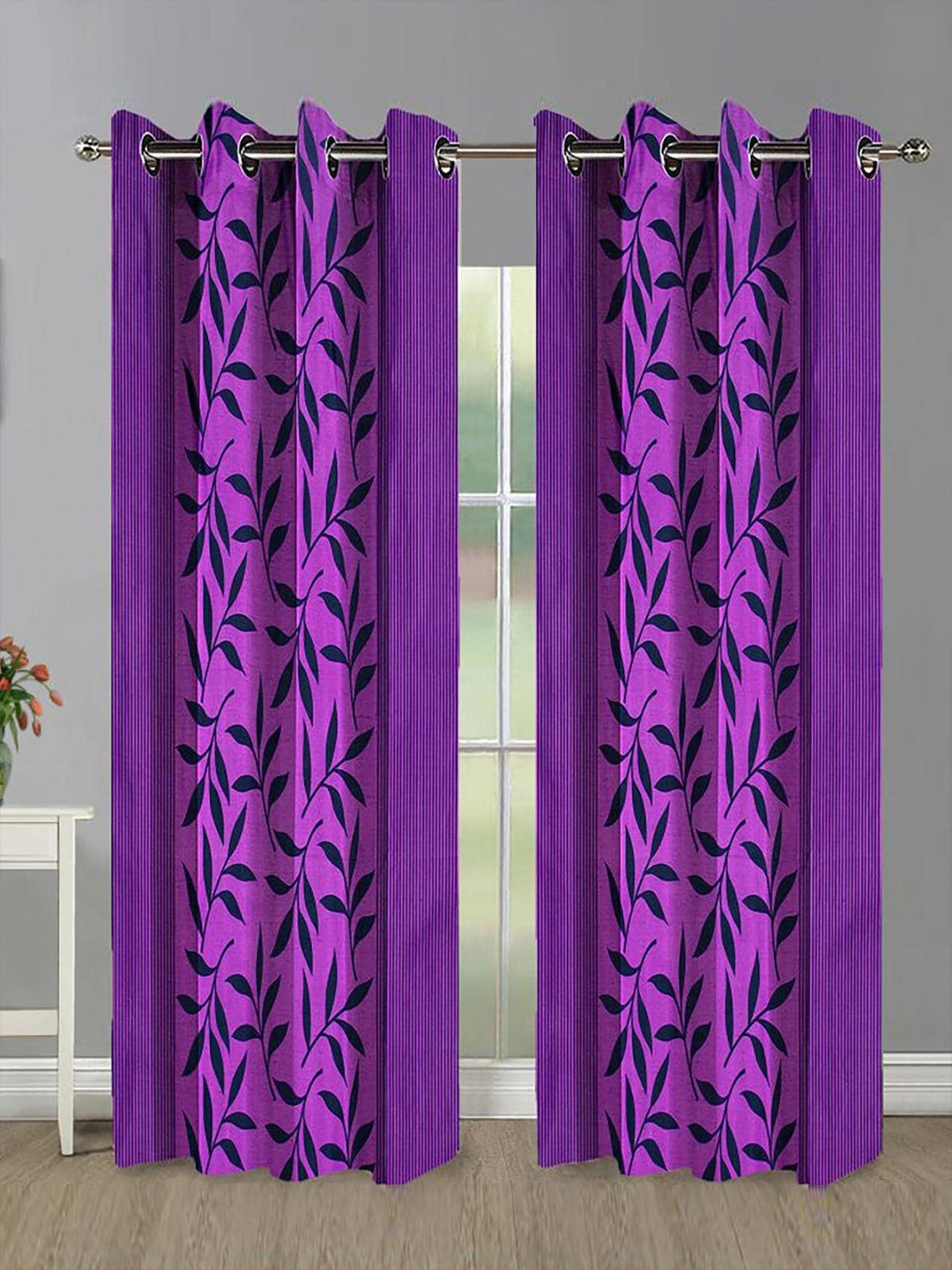 

HOMETALES Purple & Black 2 Pieces Floral Door Curtains
