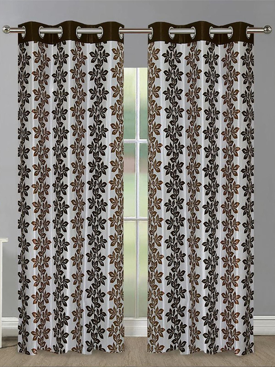 

HOMETALES Brown & White 2 Pieces Floral Door Curtains