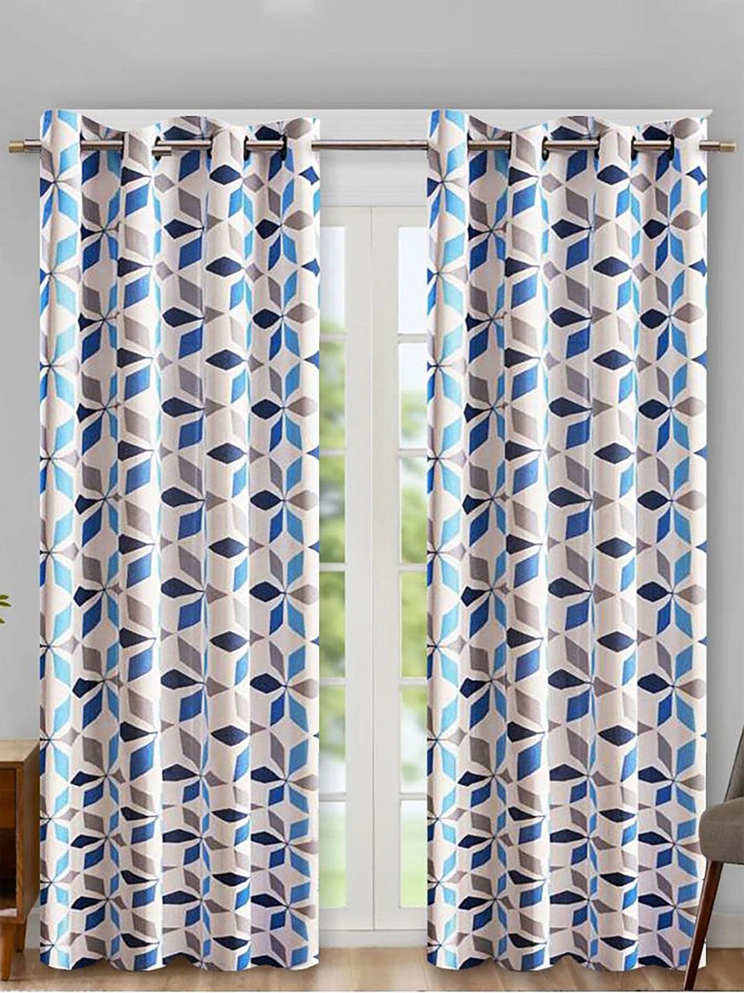 

HOMETALES Blue & White 2 Pieces Geometric Long Door Curtains