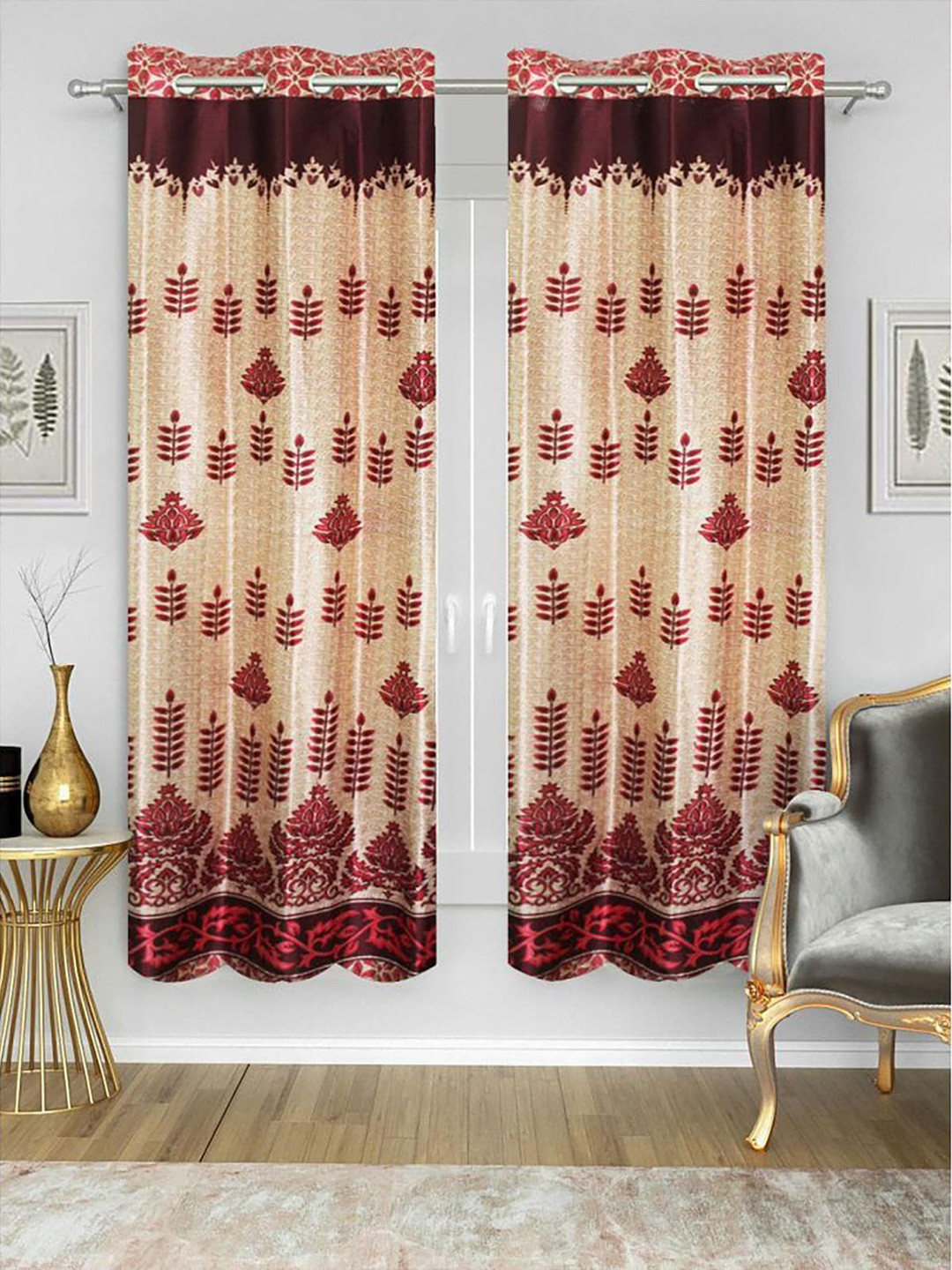 

HOMETALES Maroon & White 2 Pieces Ethnic Motifs Semi-Transparent Door Curtains