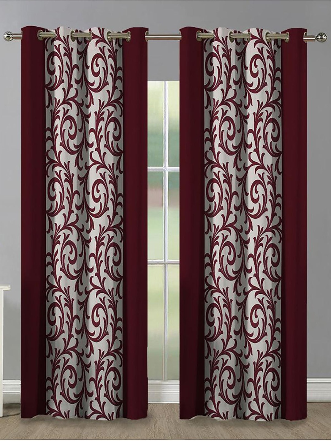 

HOMETALES Maroon & White 2 Pieces Ethnic Long Door Curtains