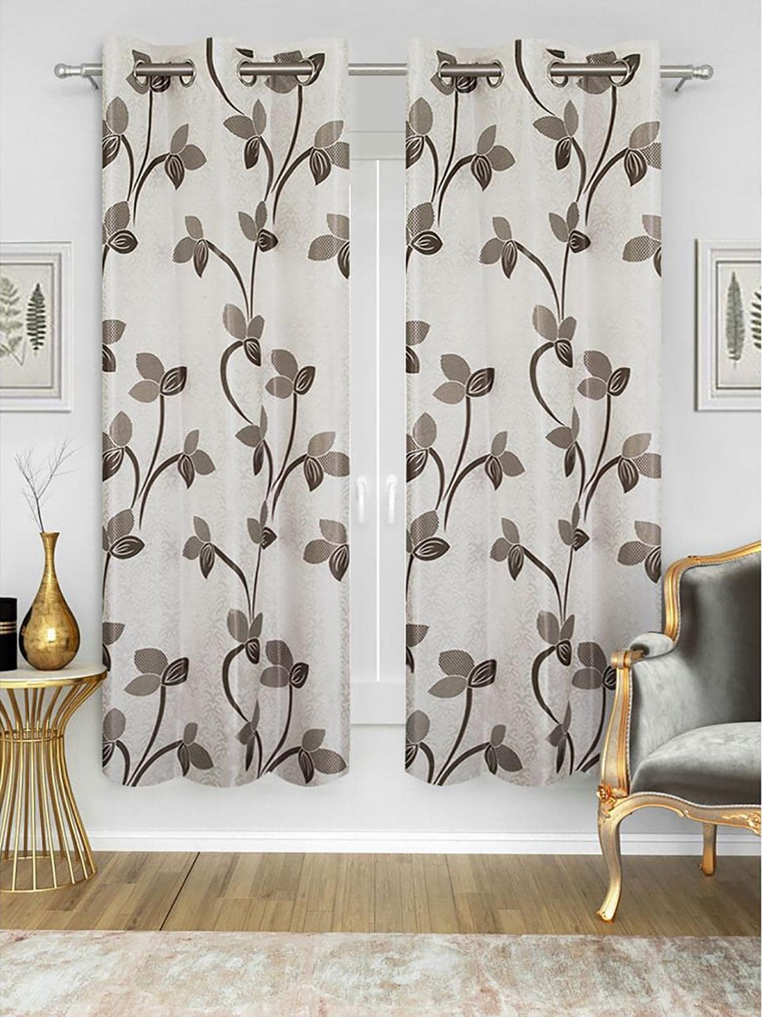 

HOMETALES Grey & White 2 Pieces Floral Window Curtains