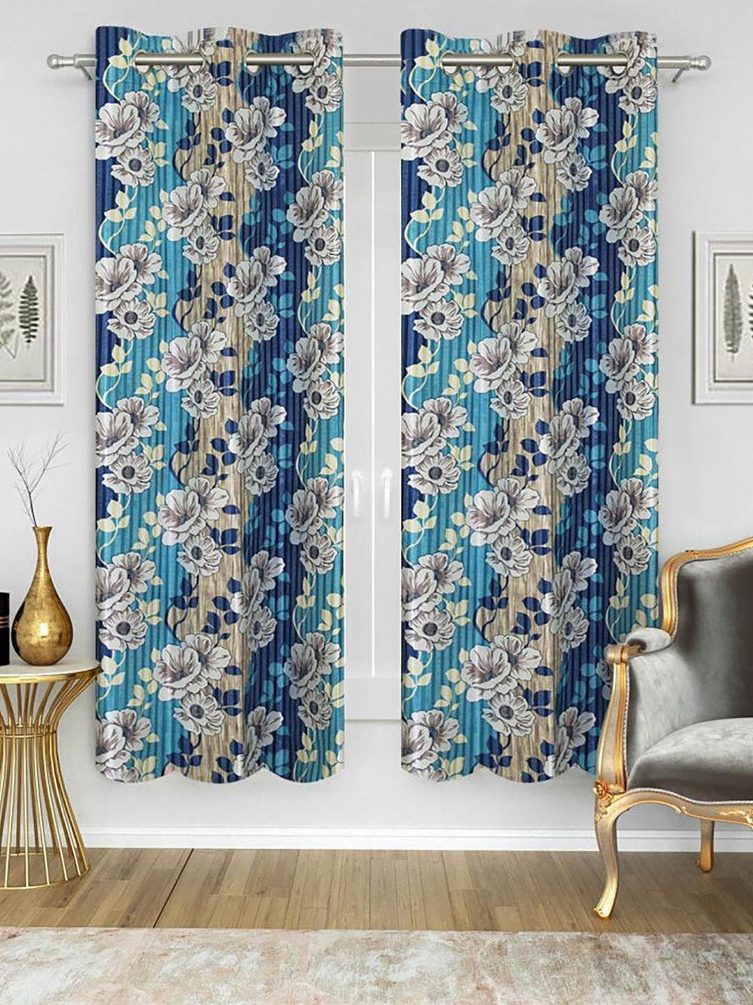 

HOMETALES Blue & White 2 Pieces Floral Door Curtains