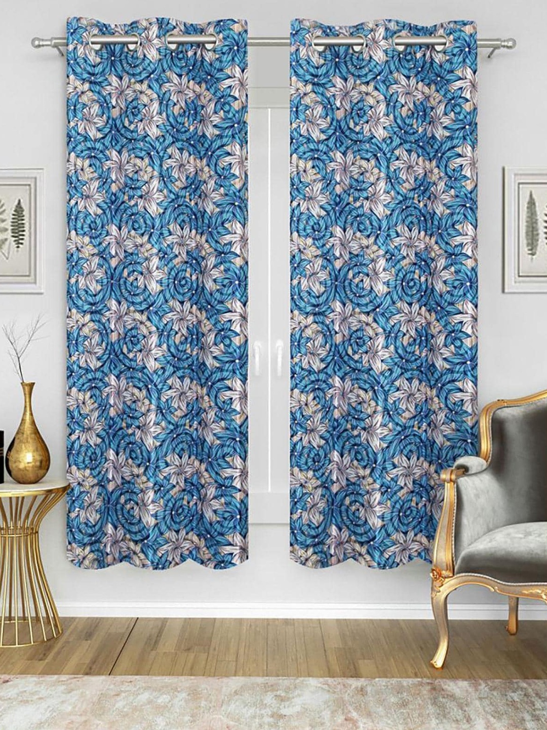 

HOMETALES Blue & White 2 Pieces Floral Window Curtains