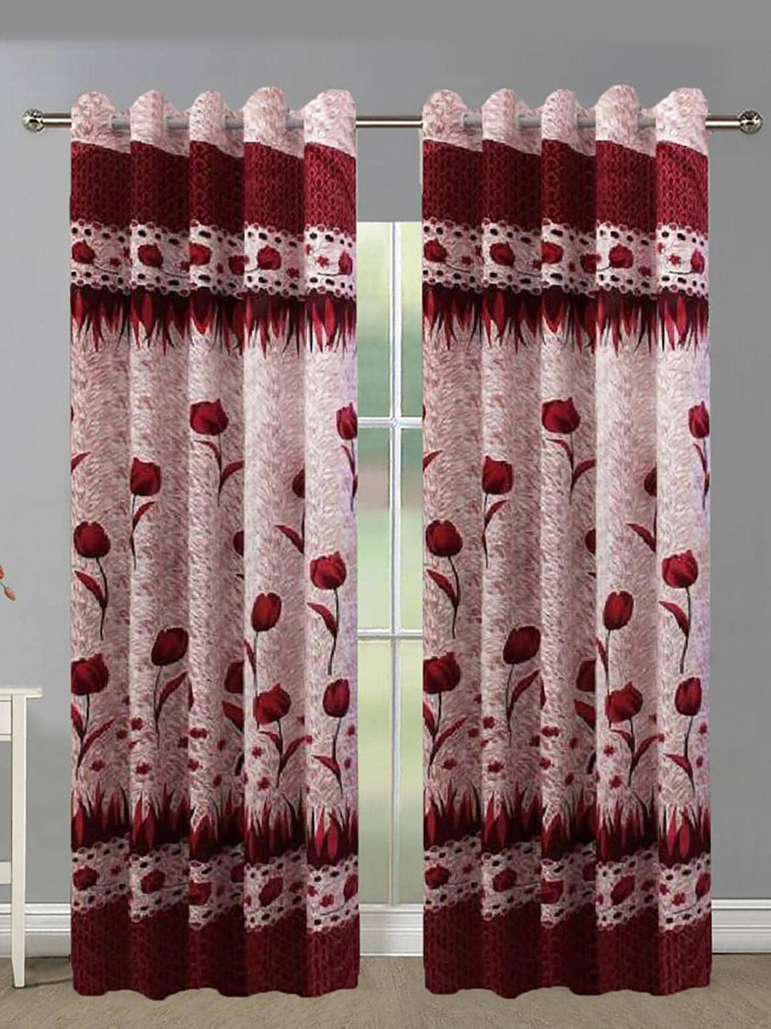 

HOMETALES Maroon & White 2 Pieces Floral Long Door Curtains