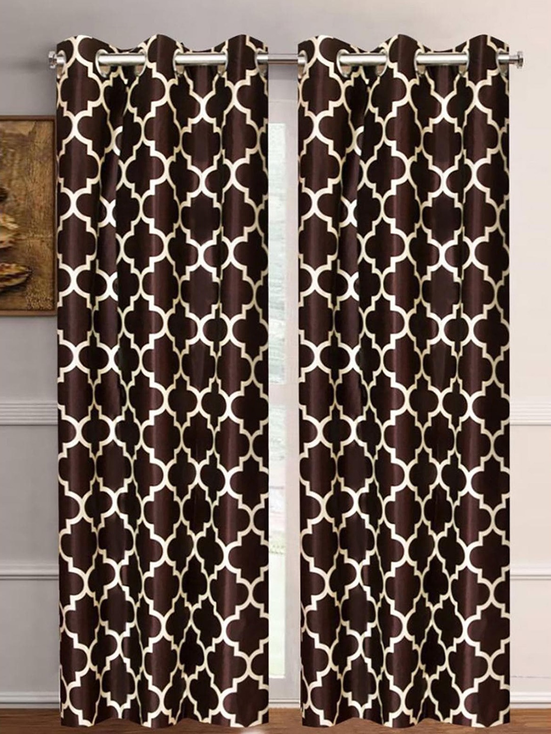 

HOMETALES Brown & White 2 Pieces Geometric Long Door Curtains