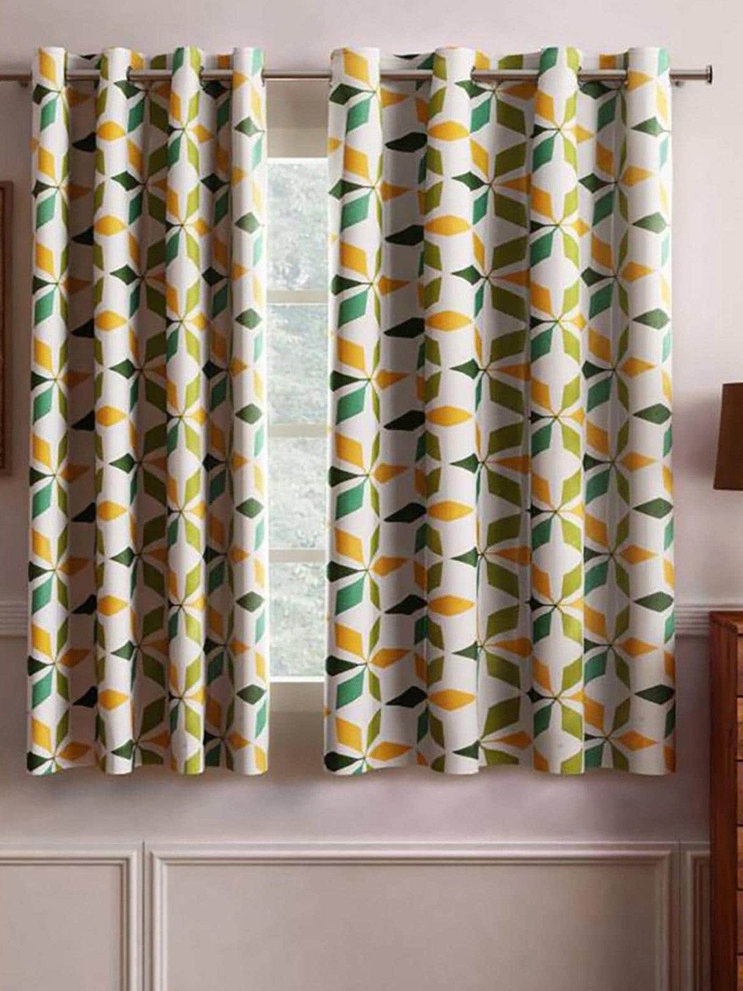 

HOMETALES Green & White 2 Pieces Geometric Window Curtains