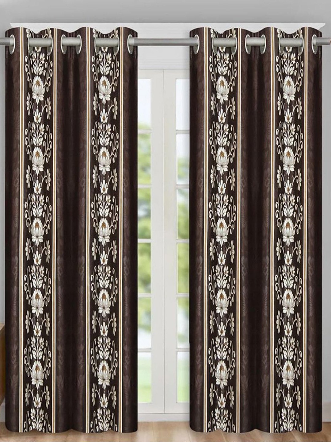 

HOMETALES Brown & White 2 Pieces Ethnic Motifs Door Curtains