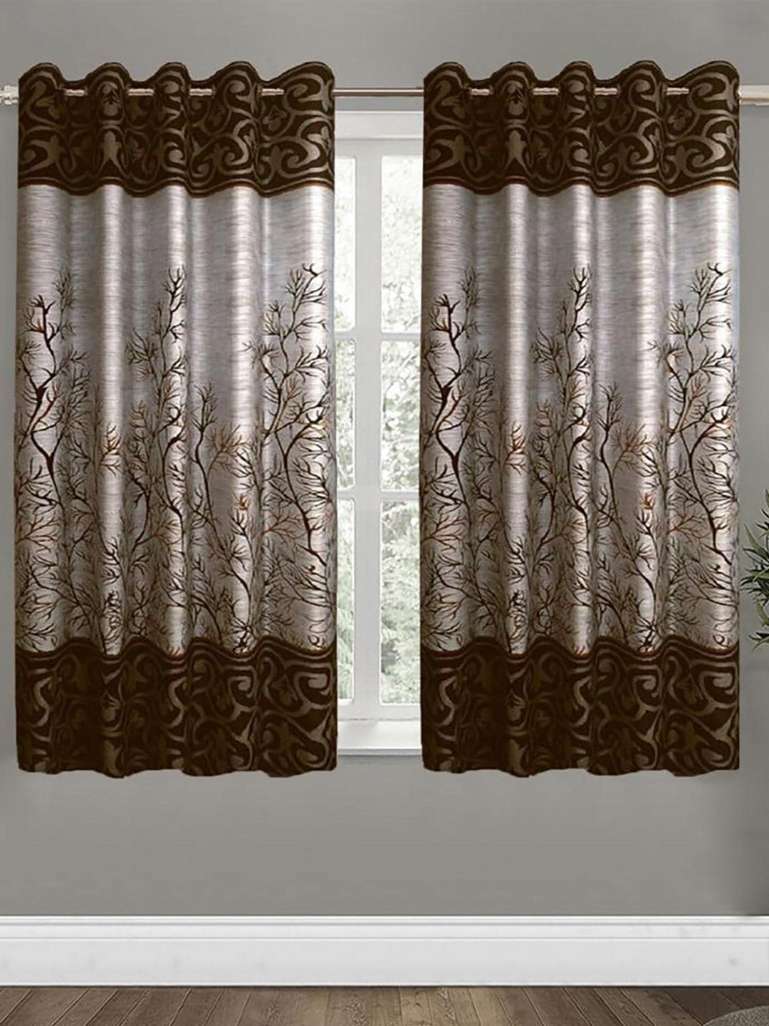 

HOMETALES Brown & Grey 2 Pieces Geometric Window Curtains