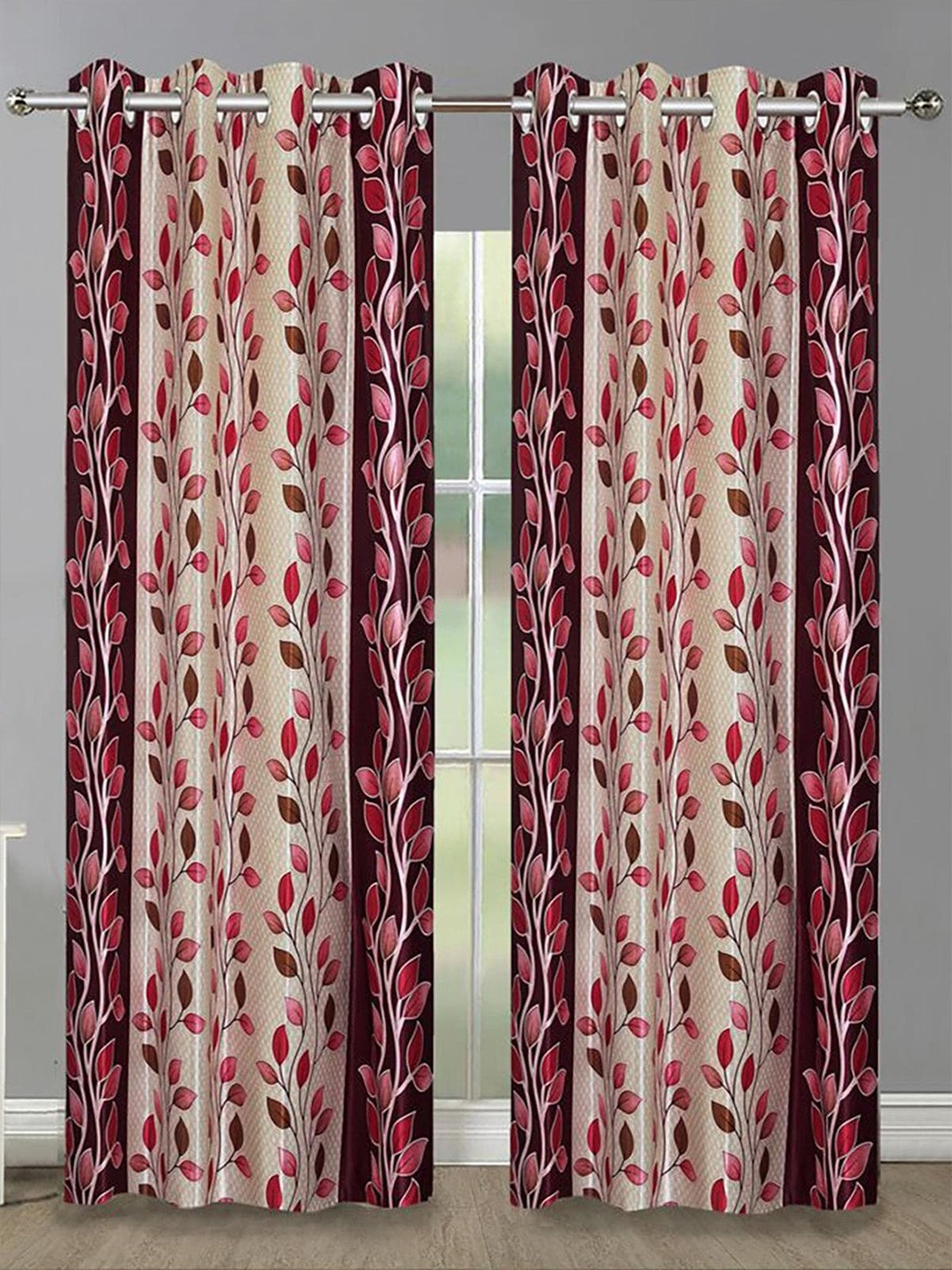 

HOMETALES Maroon & White 2 Piees Floral Long Door Curtains
