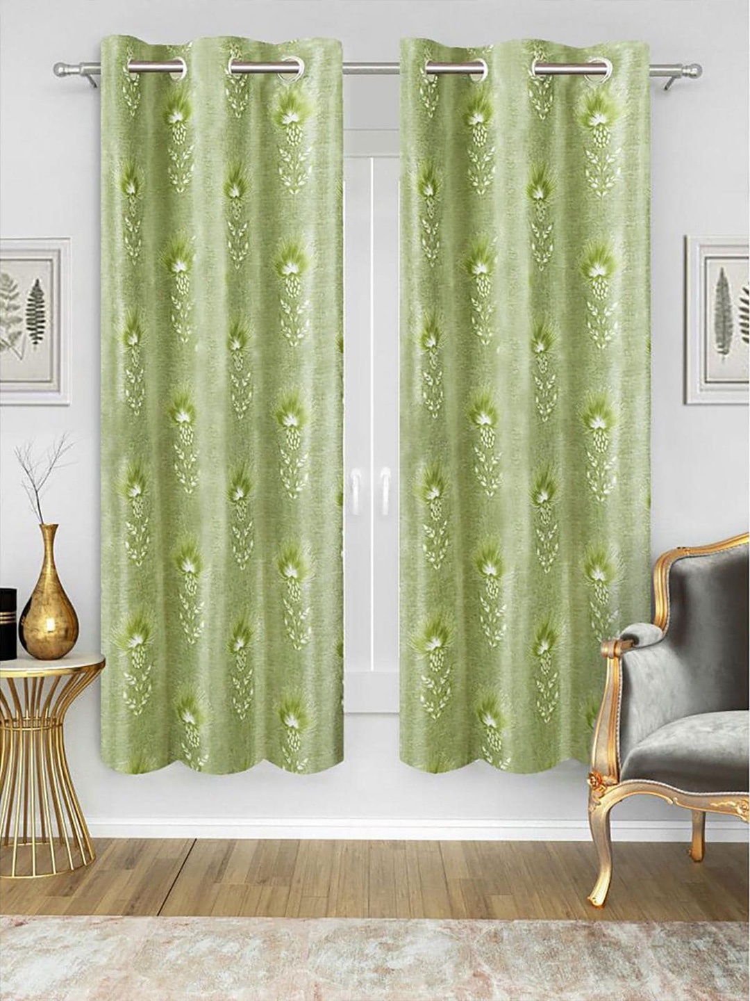 

HOMETALES Green & White 2 Pieces Floral Window Curtains