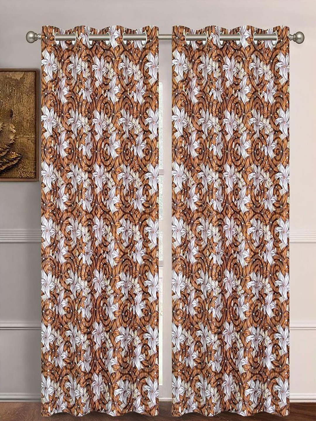 

HOMETALES Brown & White 2 Pieces Floral Long Door Curtains