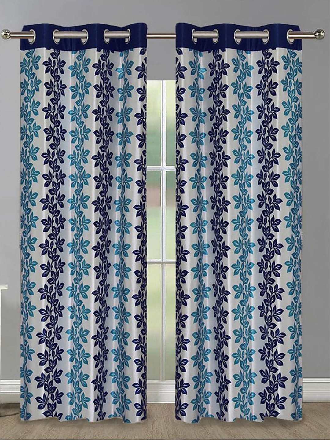 

HOMETALES Blue & White 2 Pieces Floral Door Curtains