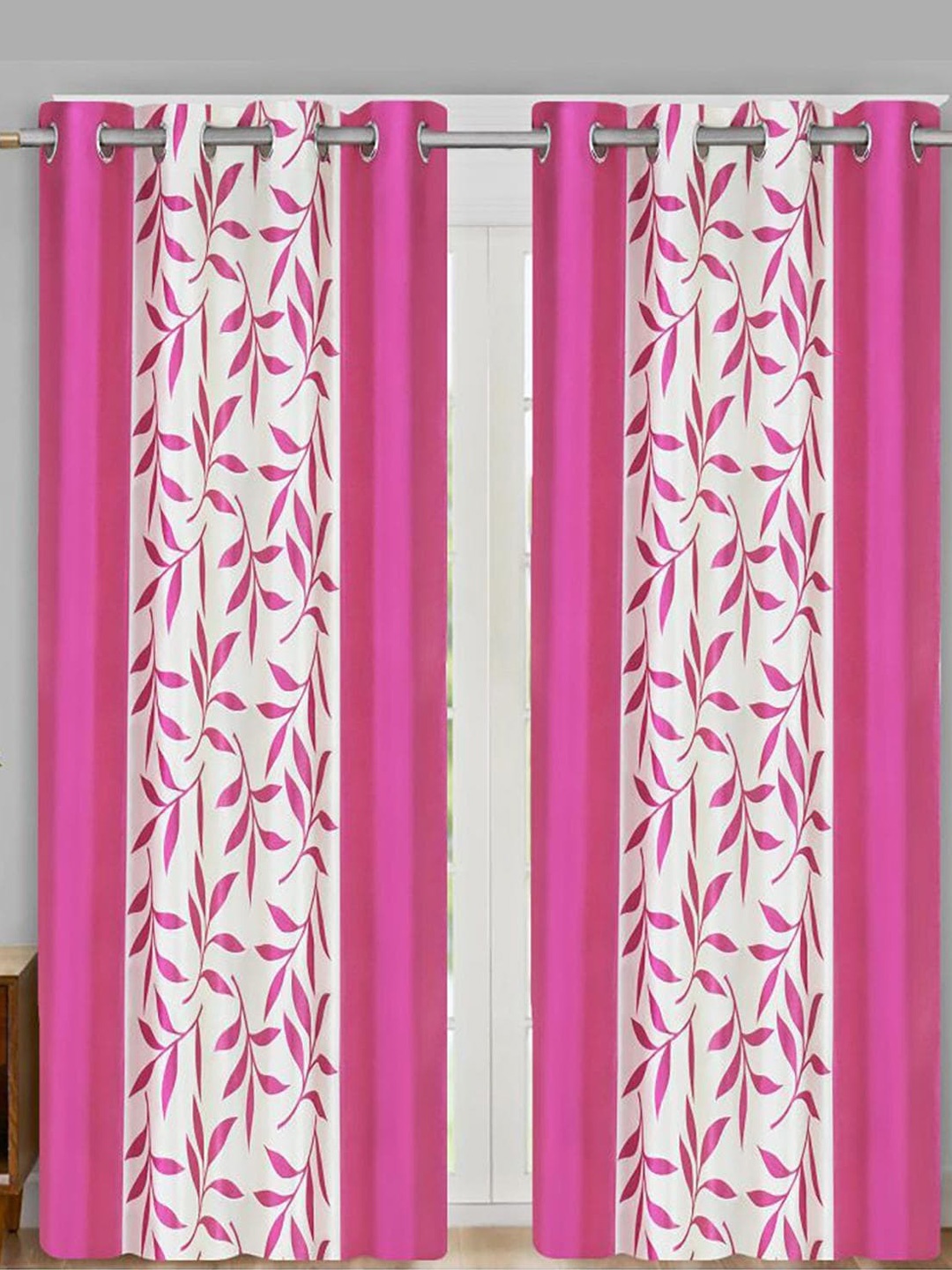 

HOMETALES Pink & White 2 Pieces Semi Transparent Floral Door Curtain