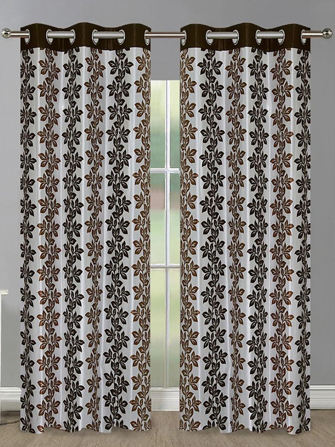 

HOMETALES Brown & White 2 Pieces Floral Long Door Curtains