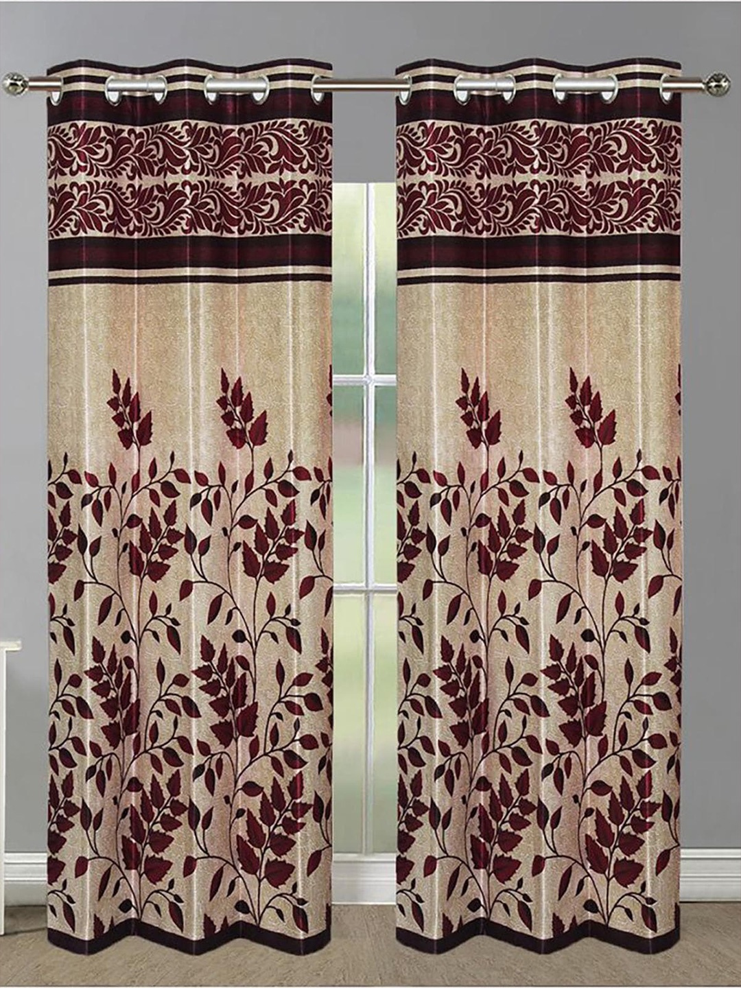 

HOMETALES Maroon & Cream-Coloured 2 Pieces Floral Door Curtains