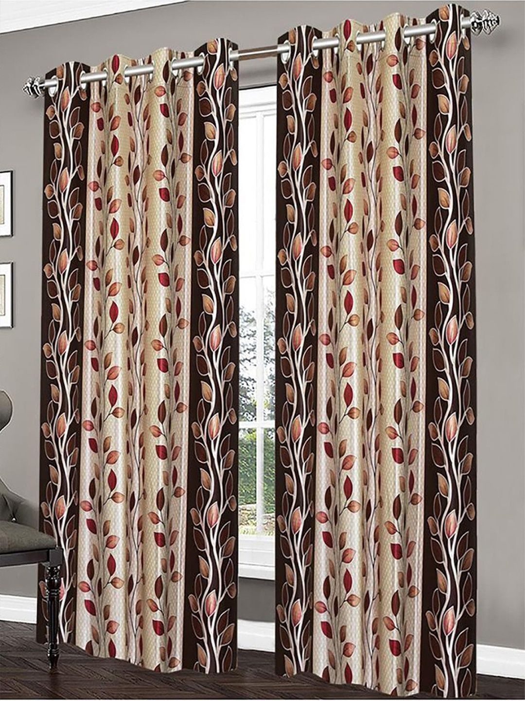 

HOMETALES Brown & Cream-Coloured 2 Pieces Floral Long Door Curtains