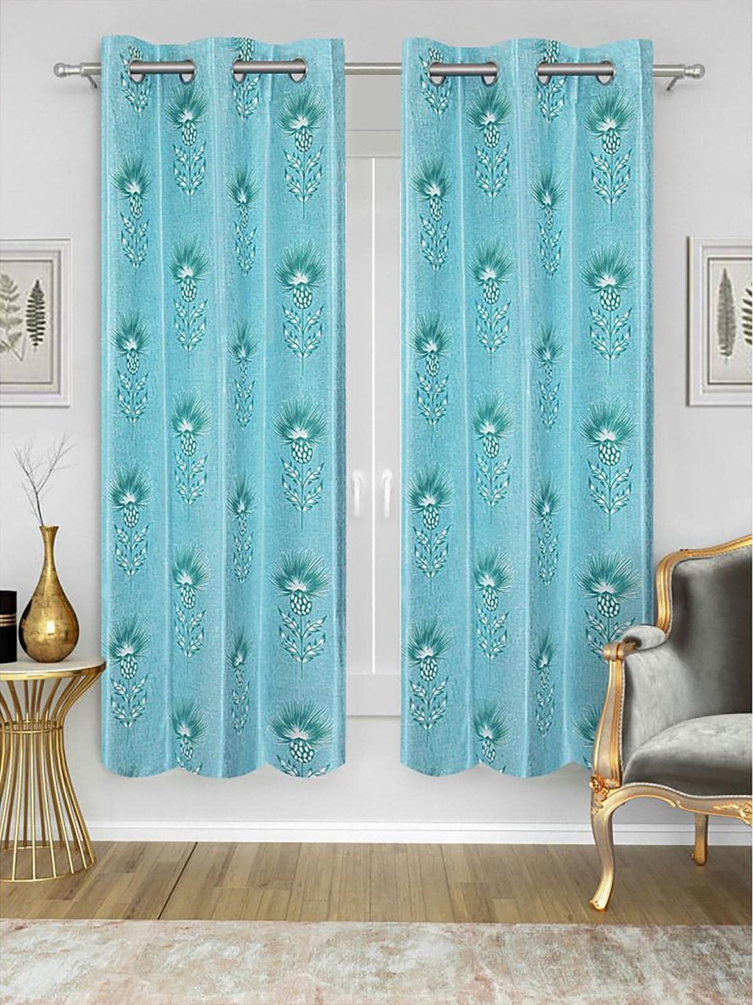 

HOMETALES Blue & White 2 Pieces Floral Window Curtains