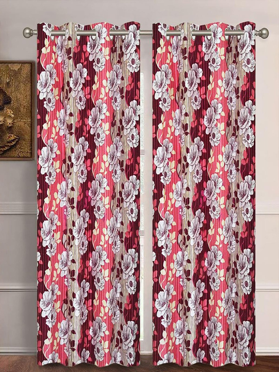 

HOMETALES Maroon & White 2 Pieces Floral Semi Transparent Long Door Curtains