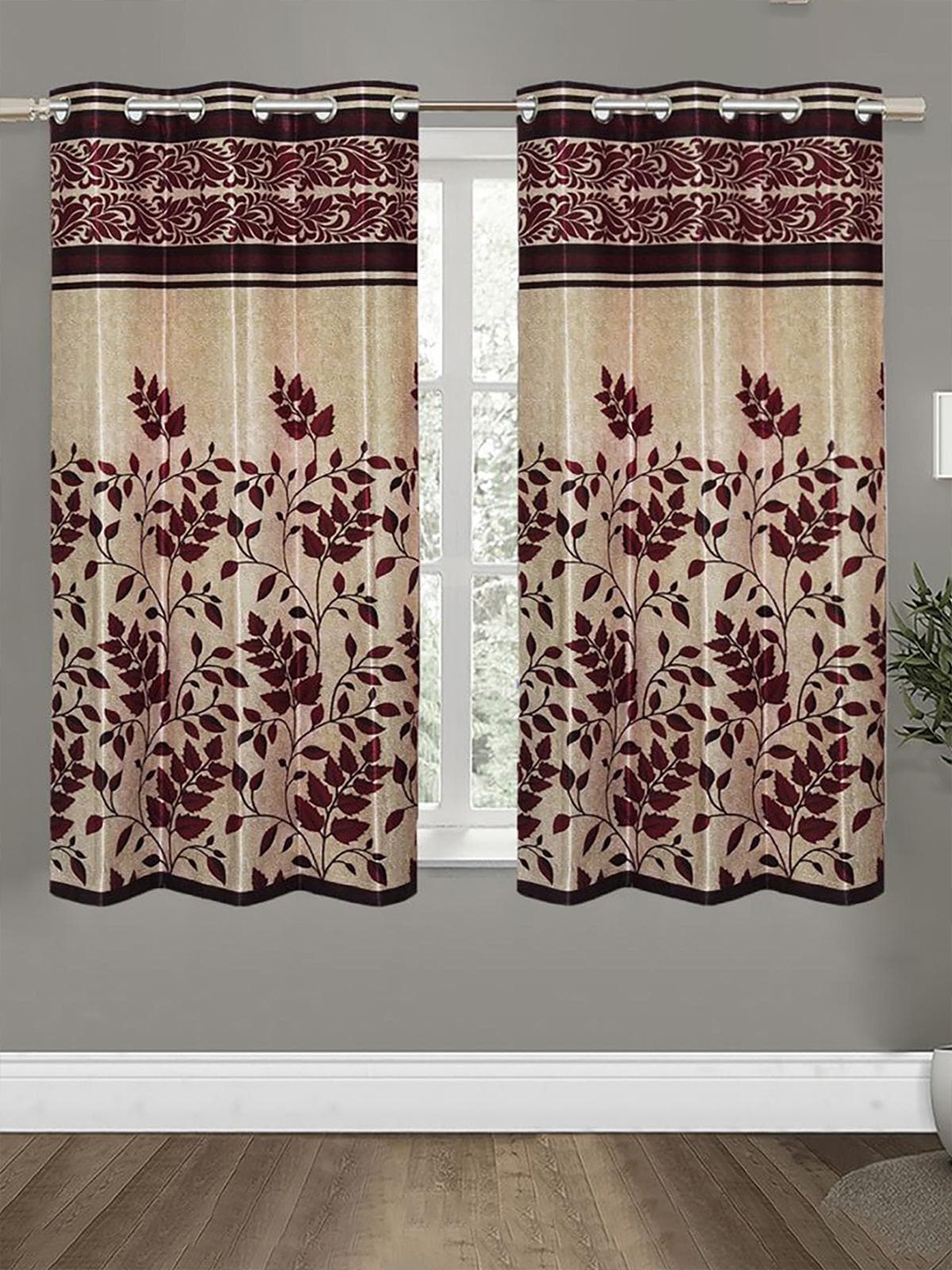 

HOMETALES Maroon & Beige 2 Pieces Floral Window Curtains