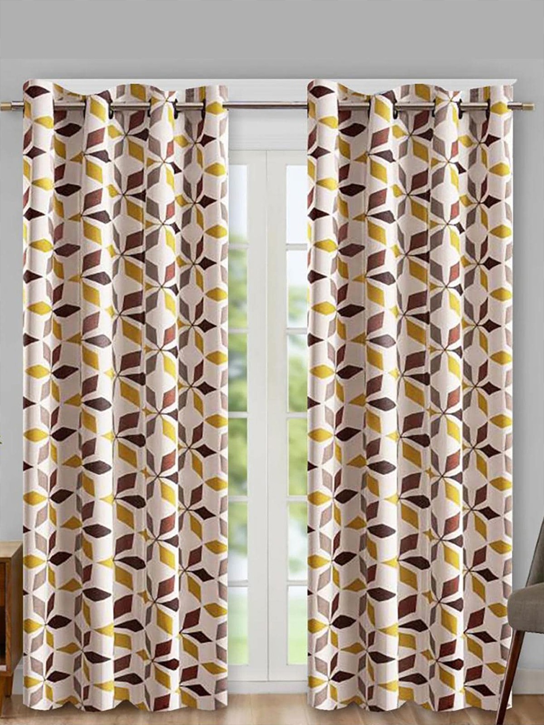 

HOMETALES Brown & White 2 Pieces Geometric Semi Transparent Door Curtains