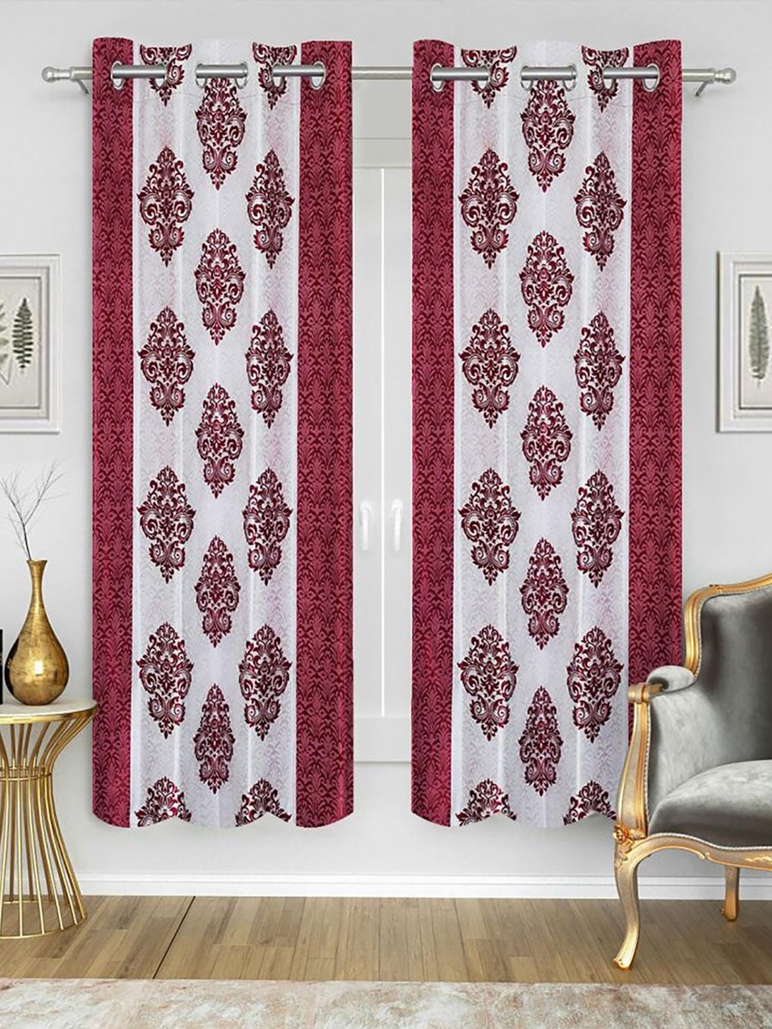 

HOMETALES Maroon & White 2 Pieces Ethnic Door Curtains