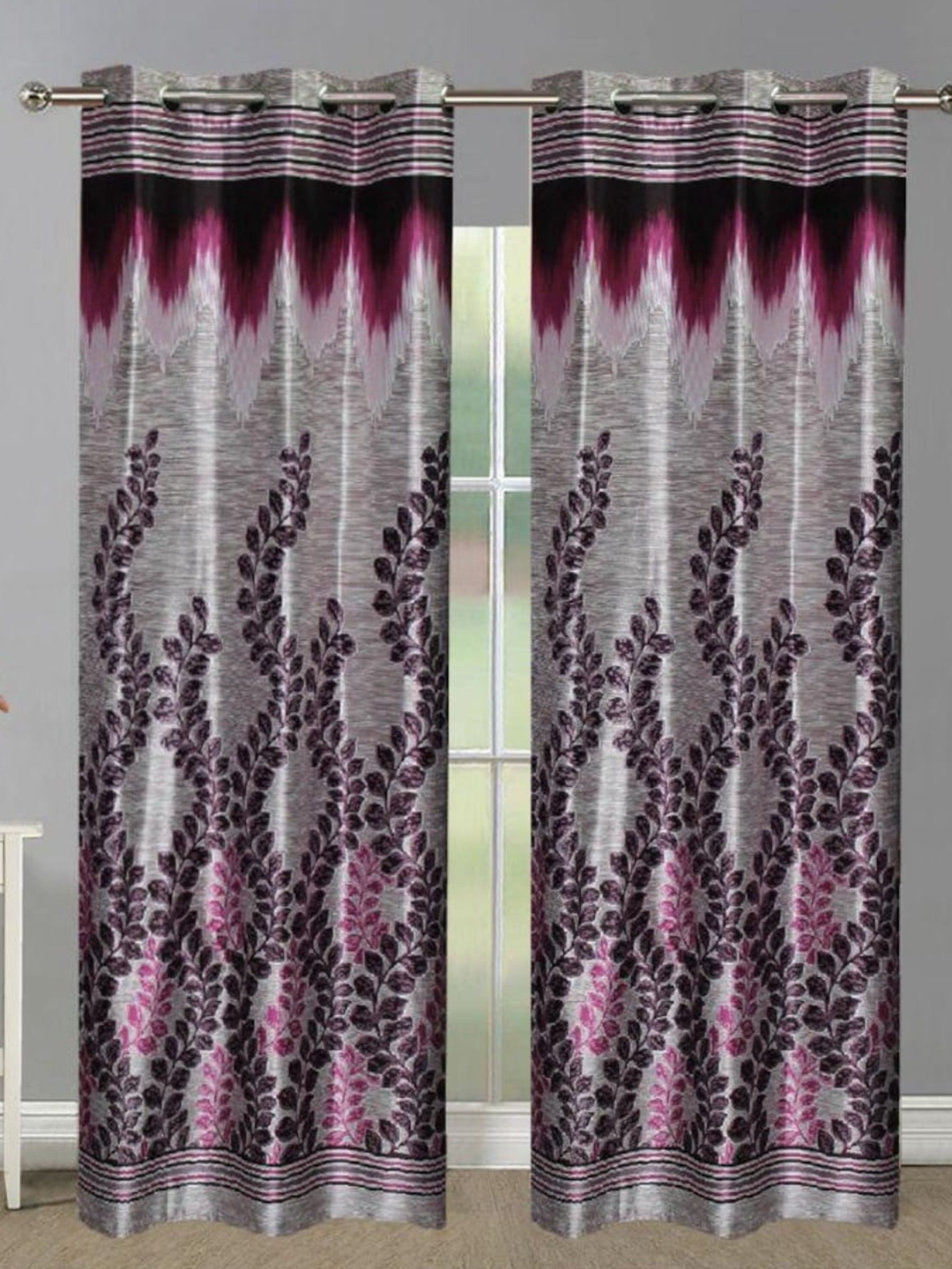 

HOMETALES Grey & Purple 2 Pieces Floral Door Curtains