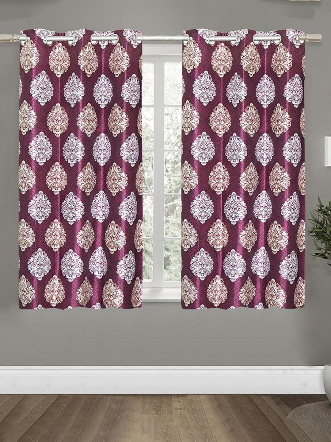 

HOMETALES Maroon & White 2 Pieces Ethnic Motifs Semi-Transparent Window Curtains