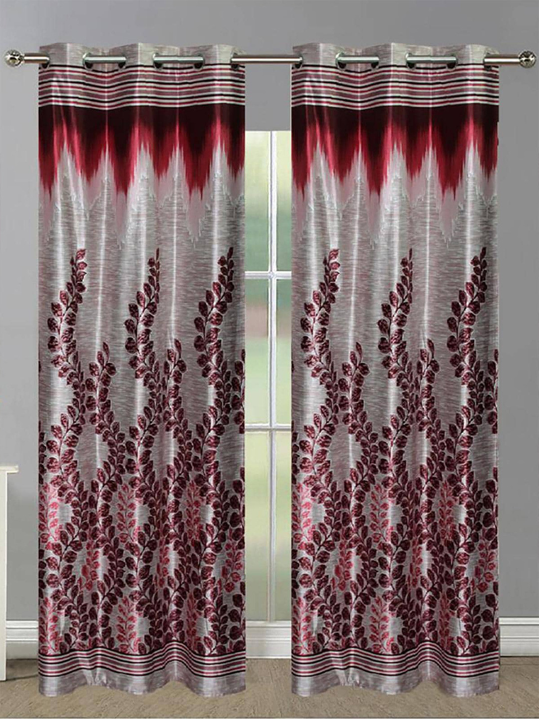 

HOMETALES Maroon & Grey 2 Pieces Floral Long Door Curtains