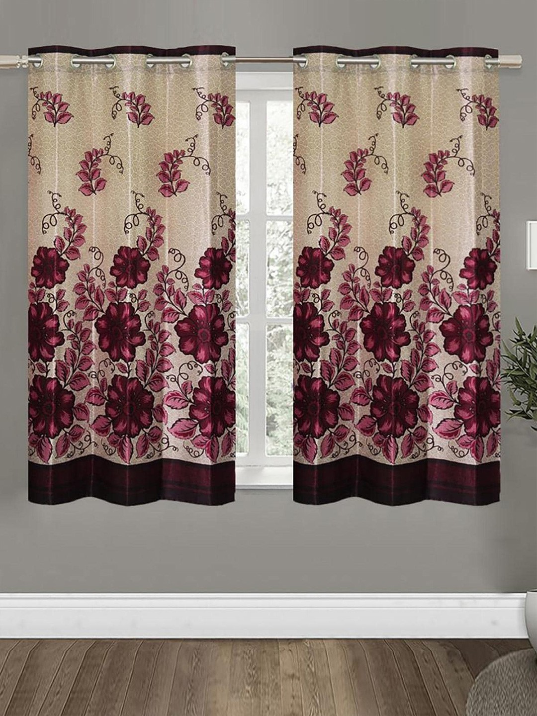 

HOMETALES Maroon & Beige 2 Pieces Floral Window Curtains