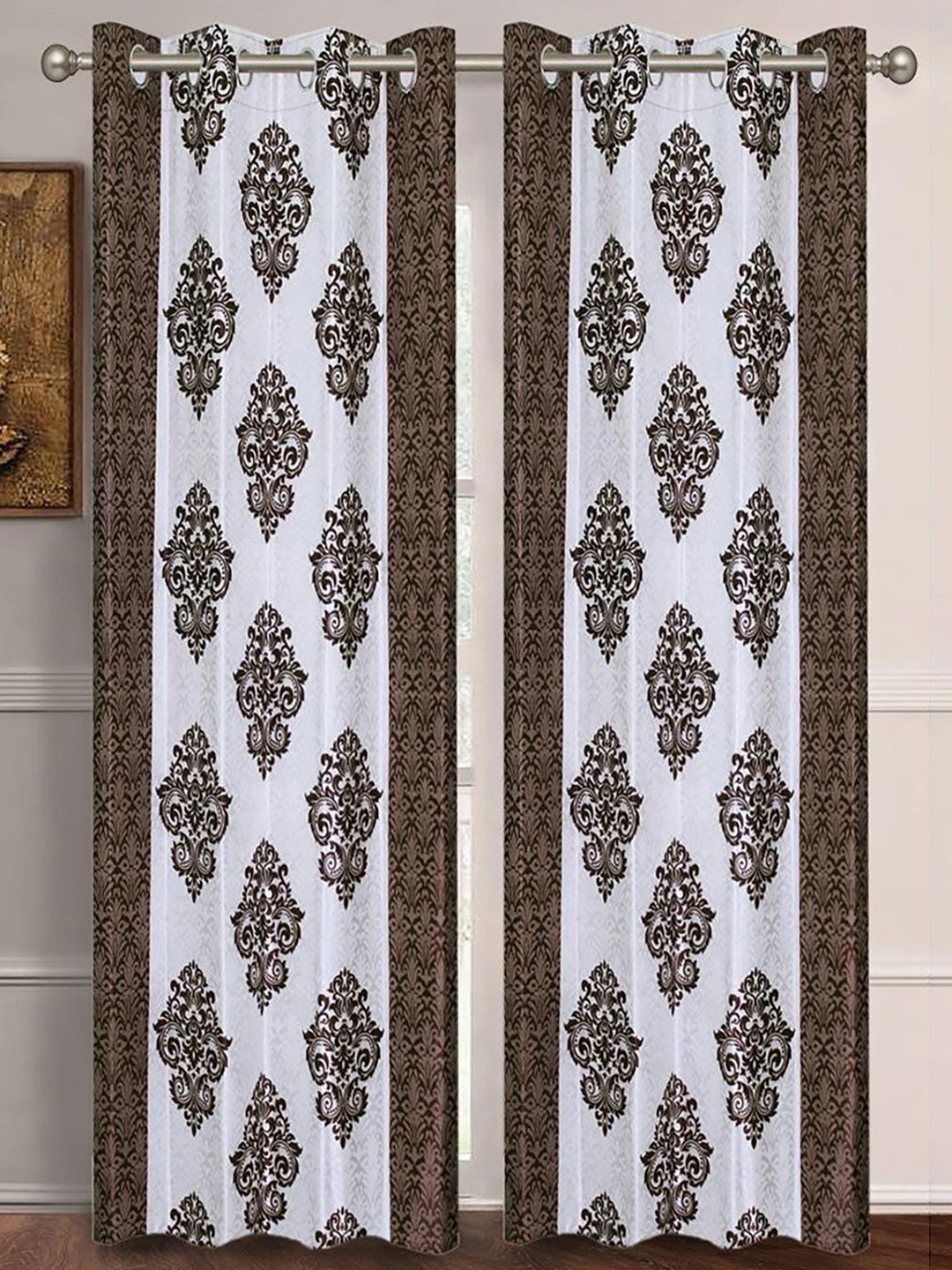 

HOMETALES Brown & White 2 Pieces Ethnic Motifs Long Door Curtains