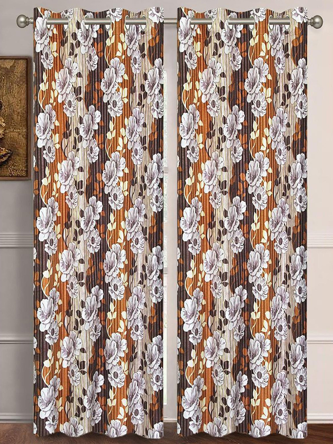 

HOMETALES Brown & White 2 Pieces Floral Semi Transparent Long Door Curtains