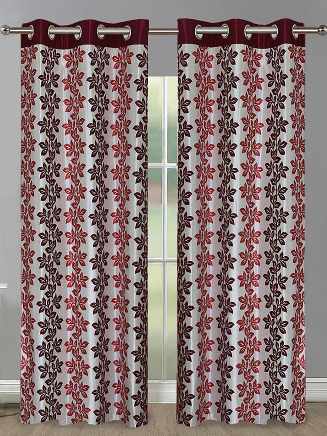 

HOMETALES Maroon & White 2 Pieces Floral Long Door Curtains