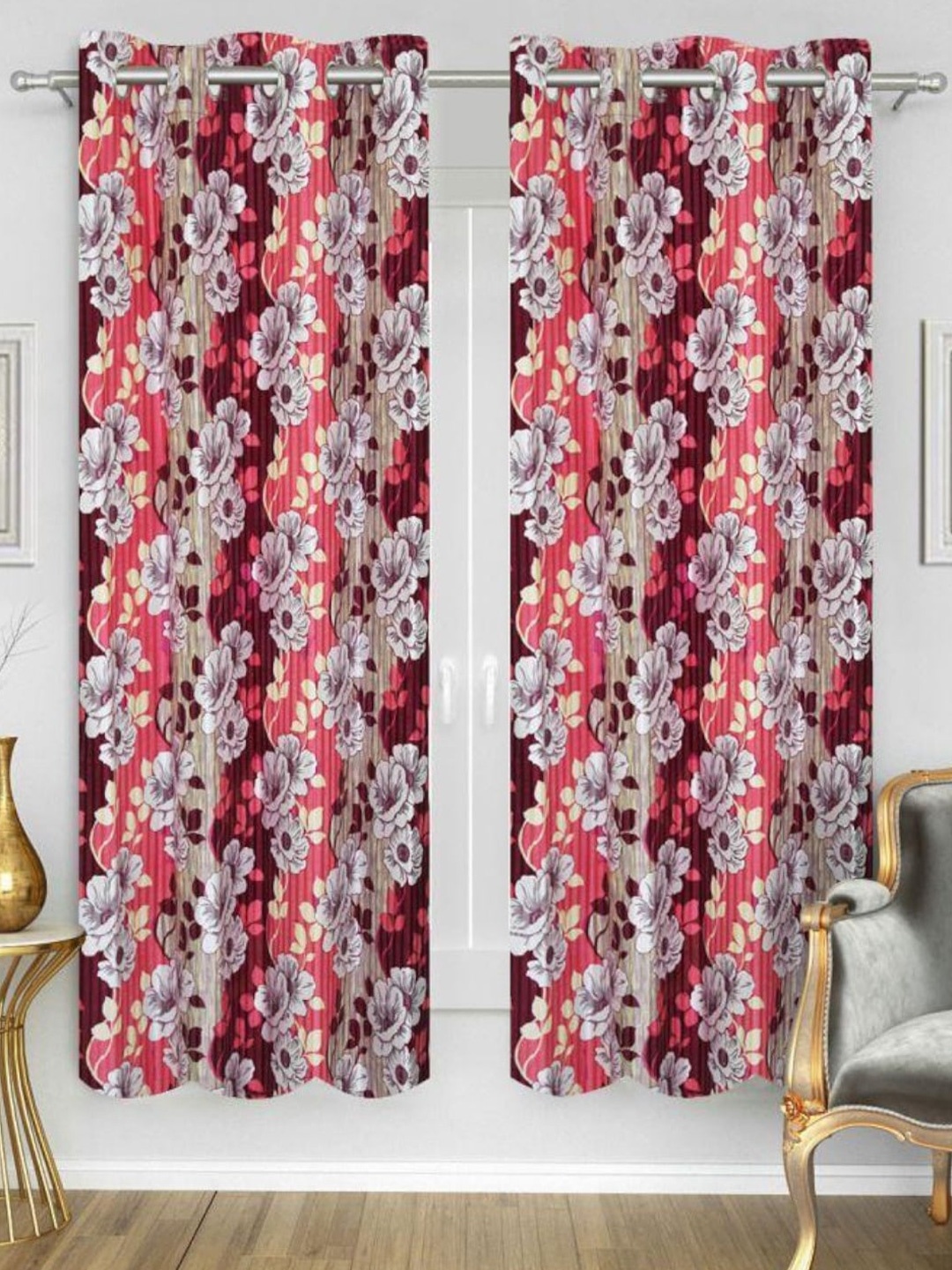 

HOMETALES Maroon & Pink 2 Pieces Floral Door Curtains